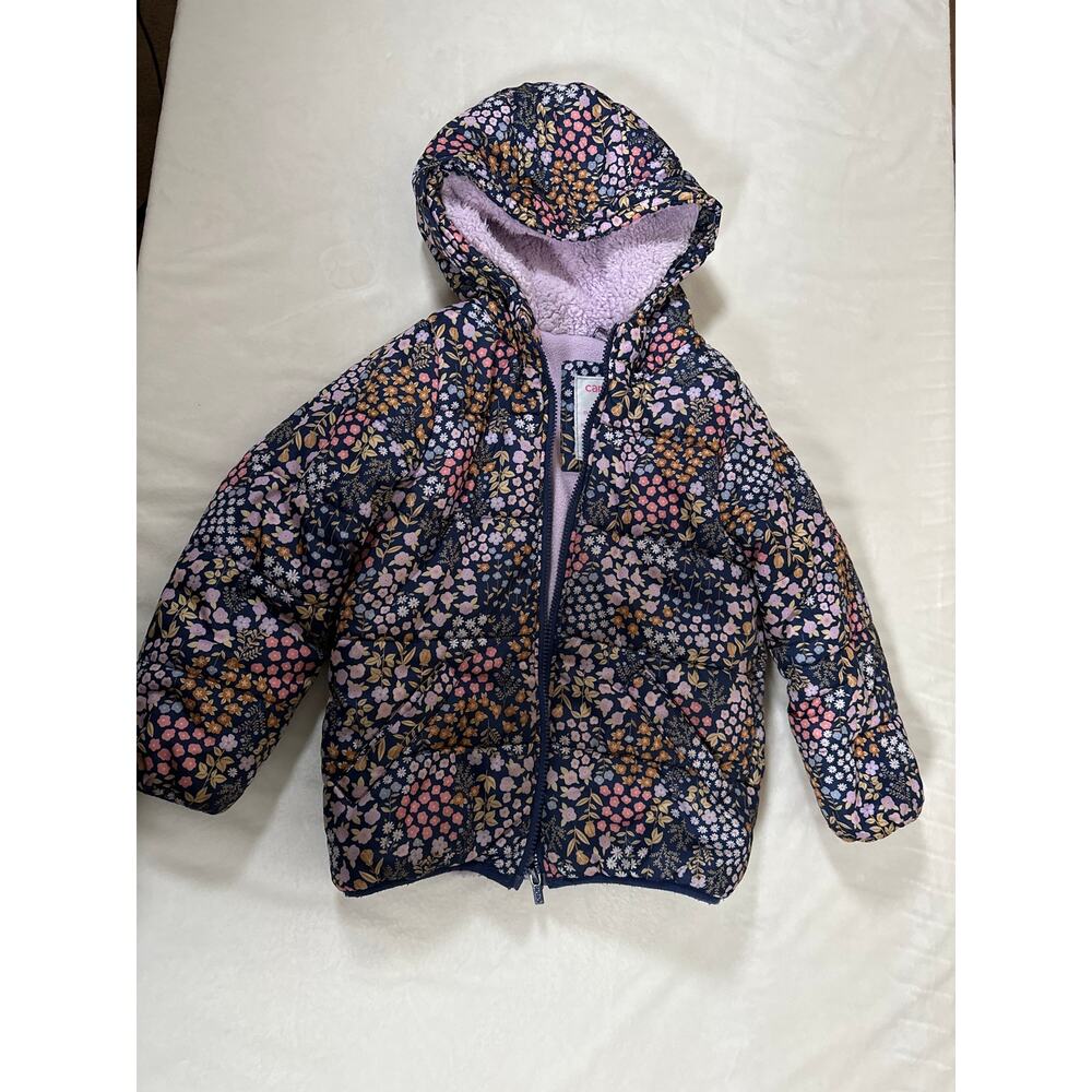 Carter’s Girls Hooded Puffer Jacket Floral Print Lavender Sherpa Lined Size 6X